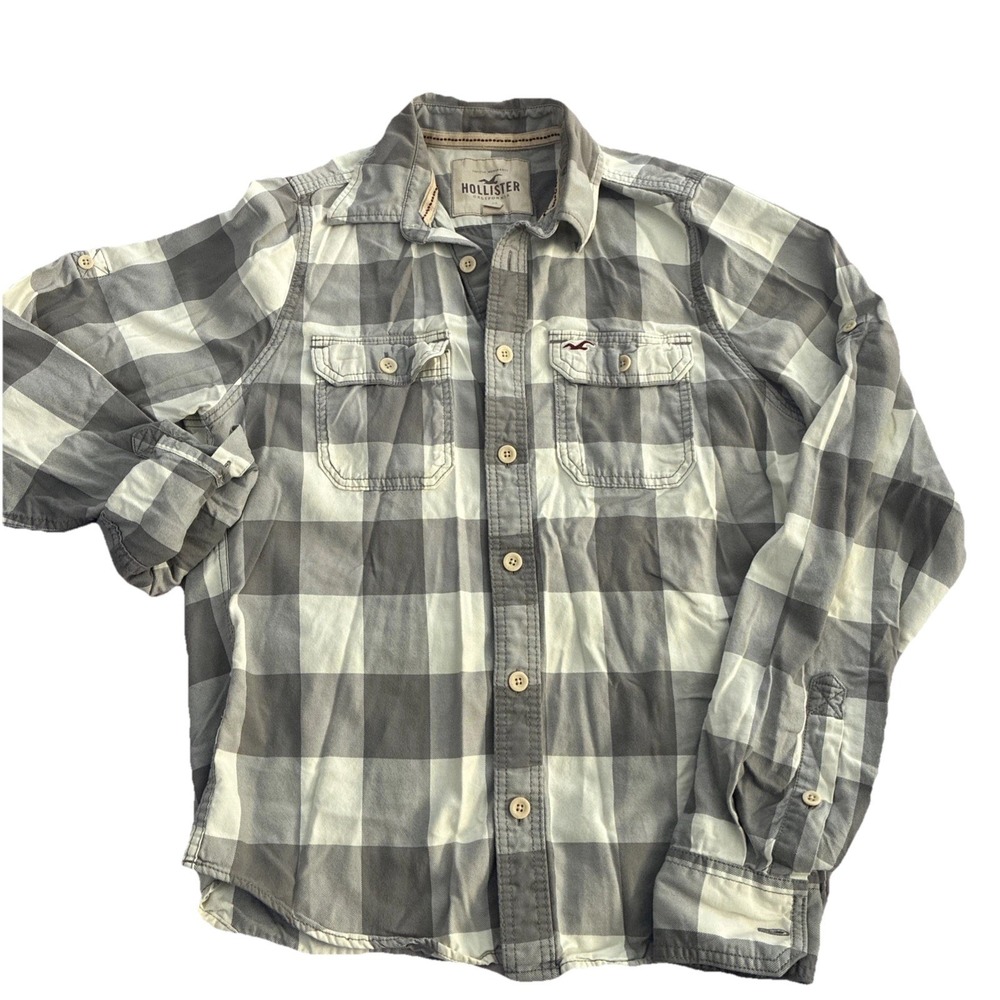 Hollister Men's Flannel Shirt White/Gray, Button-Up, Size Large